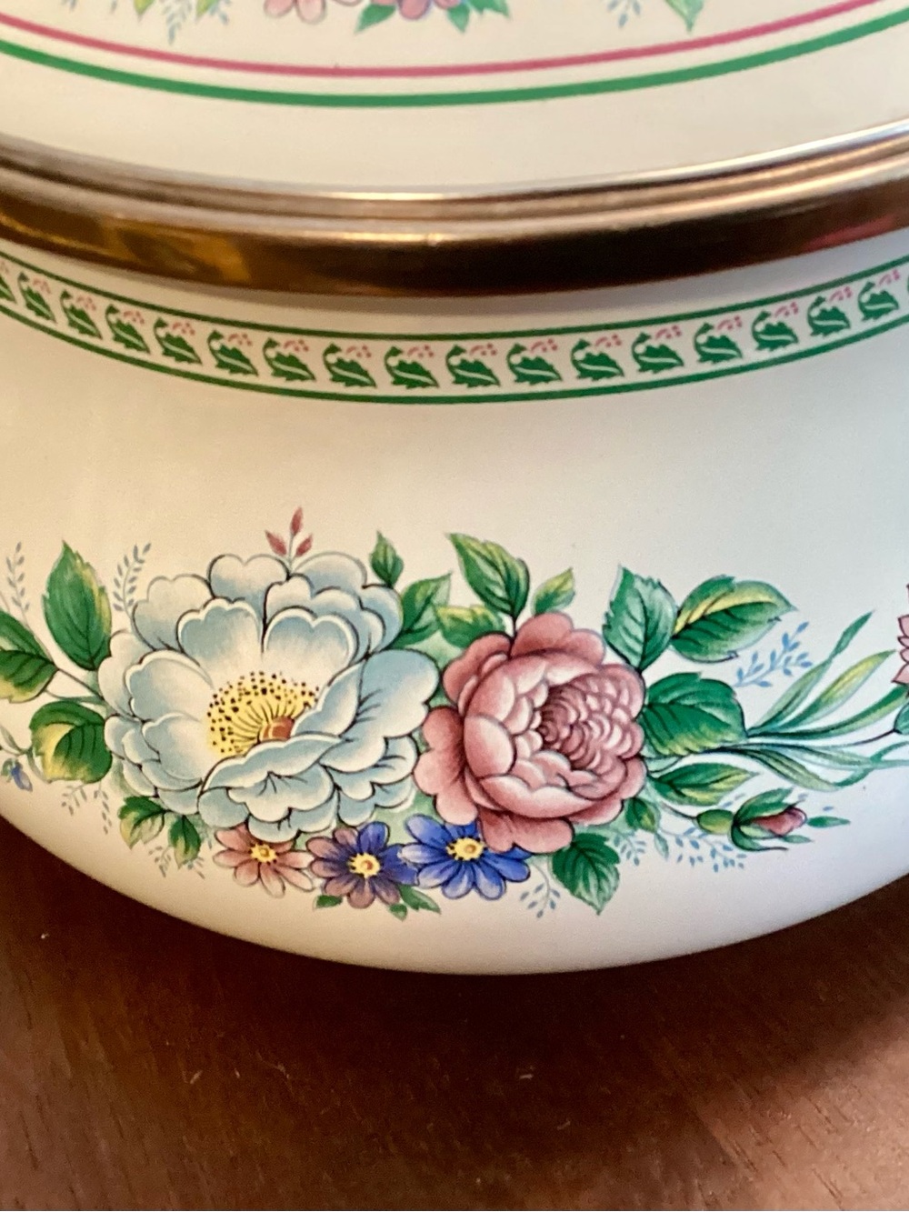 Vtg. Floral Enamel Saucepan with Brass Handle - White Multicolor